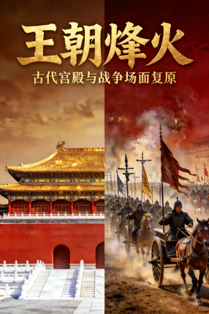 历史电影海报：古代宫殿与战争场面复原图