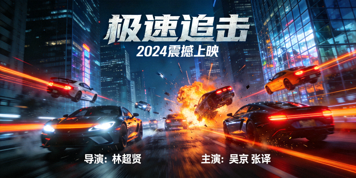 热门动作电影巨幕海报：城市夜景与飞车追逐场景